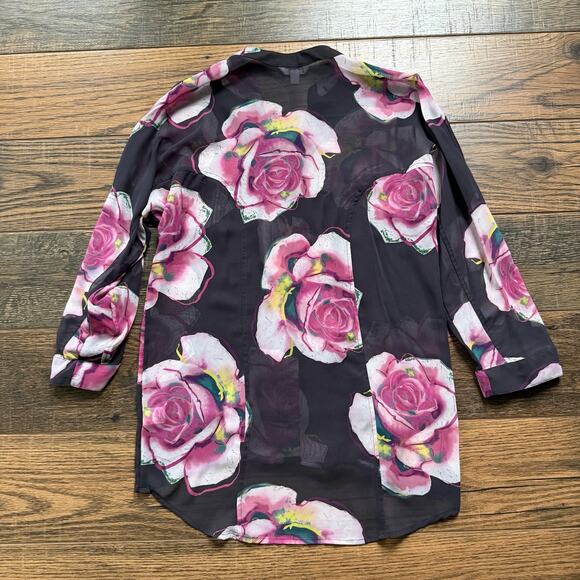 Candie’s Sheer Floral Button Up Blouse Black Pink Rose Print High Low Hem Sz S - Picture 2 of 6